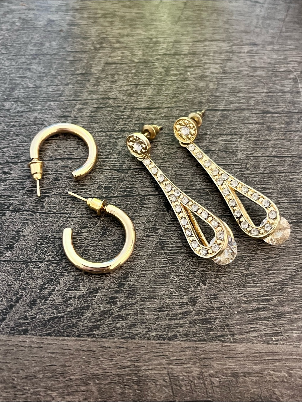 Y2K Inspired Gold Tone Chunky Hoop & Rhinestone Teardrop Statement Earrings